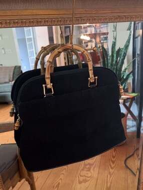 Melange Genuine Leather Black Suede Bamboo Handle Satchel Handbag